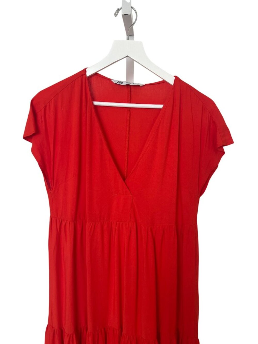 Zara Tiered Midi Dress Red Orange V-Neck Lightweight Linen Blend - Picture 3 of 4
